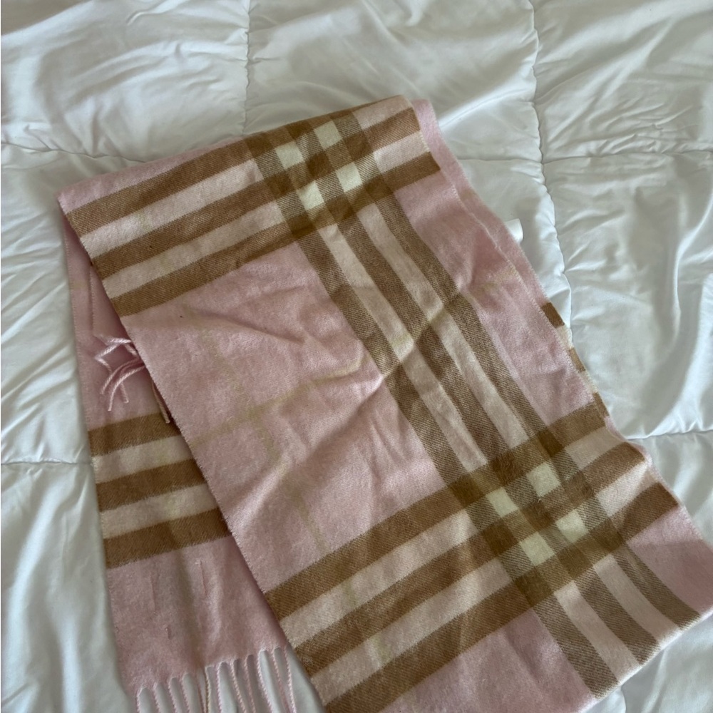 Burberry Pink and Tan Check Cashmere Scarf